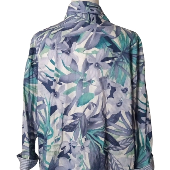 Vintage Alfred Dunner Tropical Botanical Print Blue Gingham Contrasting Cuff 20 - Picture 5 of 8